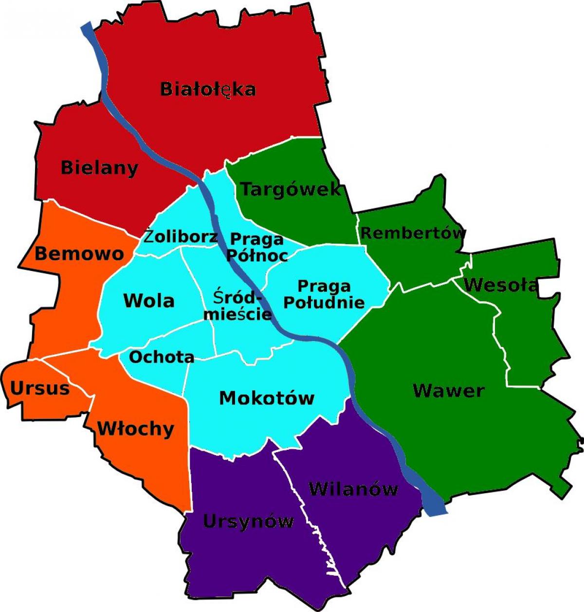 Kaart Varssavi linnaosades 